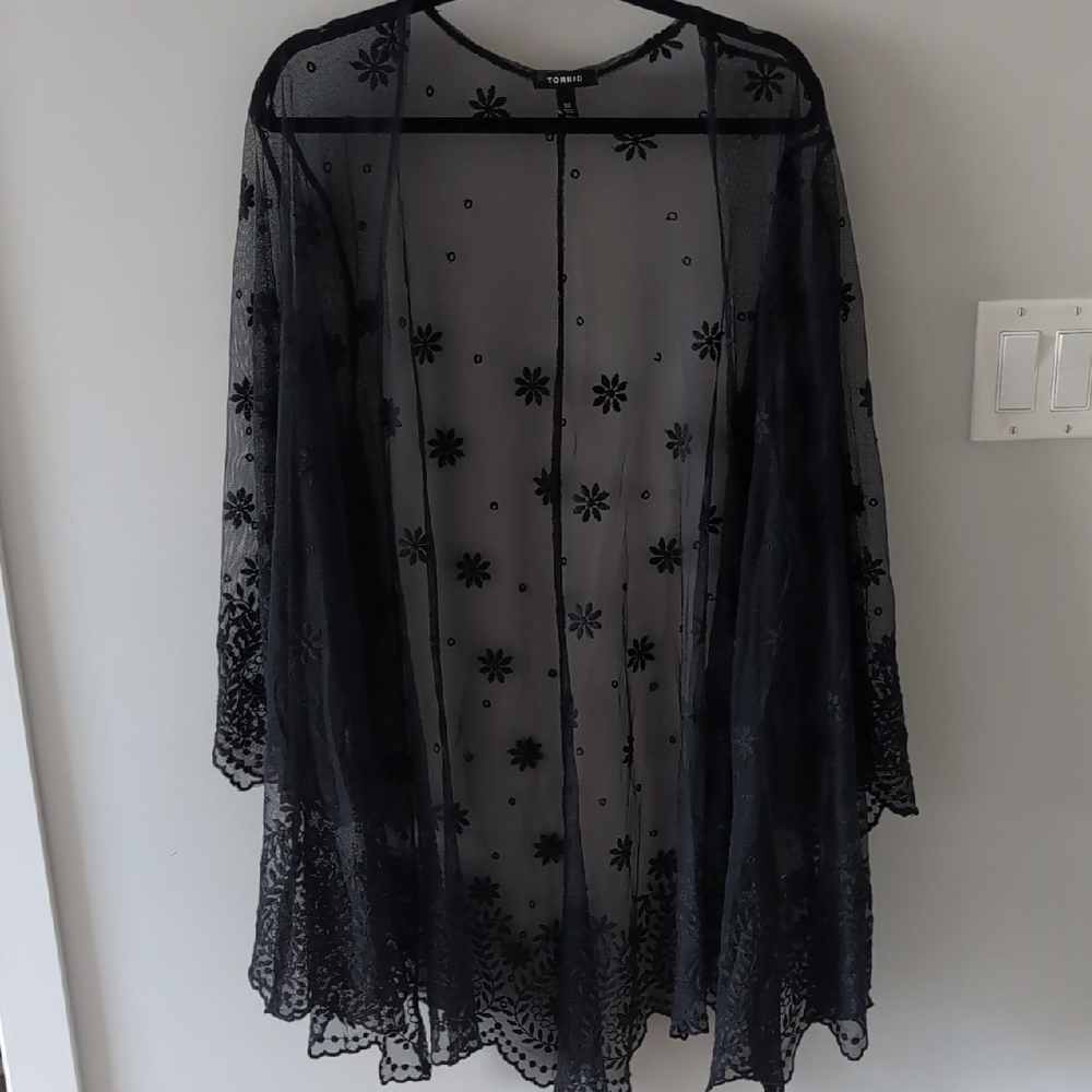 Torrid Black Mesh Kimono with Embroidered Floral Design